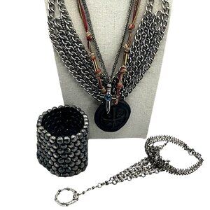 Vintage Multi-Layer Necklace & Bracelet Set With Chain Beaded Cuff & Rings
